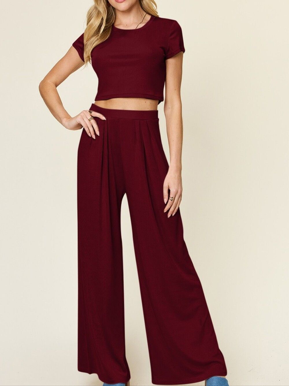 💥3/$180💥Matching Cropped Top + Wide Leg High Pants Burgundy Sz S M L XL 2X